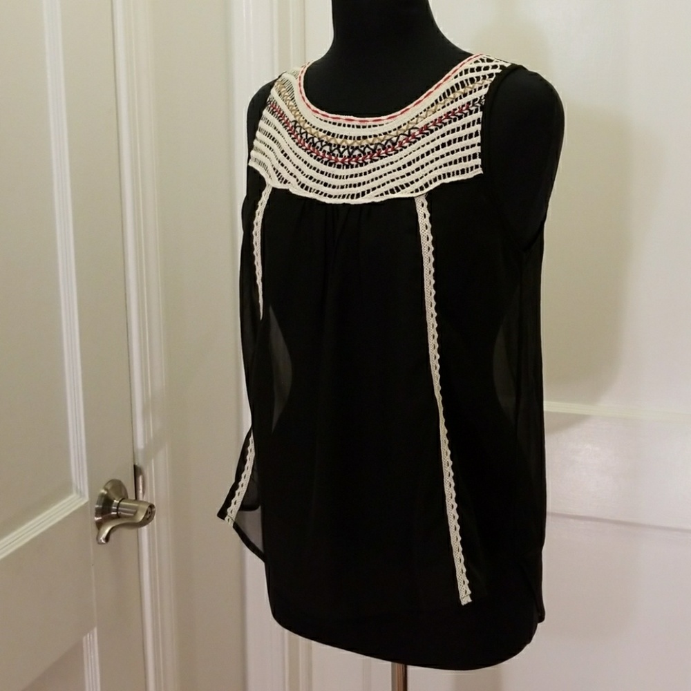 Black Sheer Top with Crochet Detail.